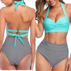 Bikini Women Vintage Swimsuit Two Piece Retro Halter Ruched High Waist Bikini XS
